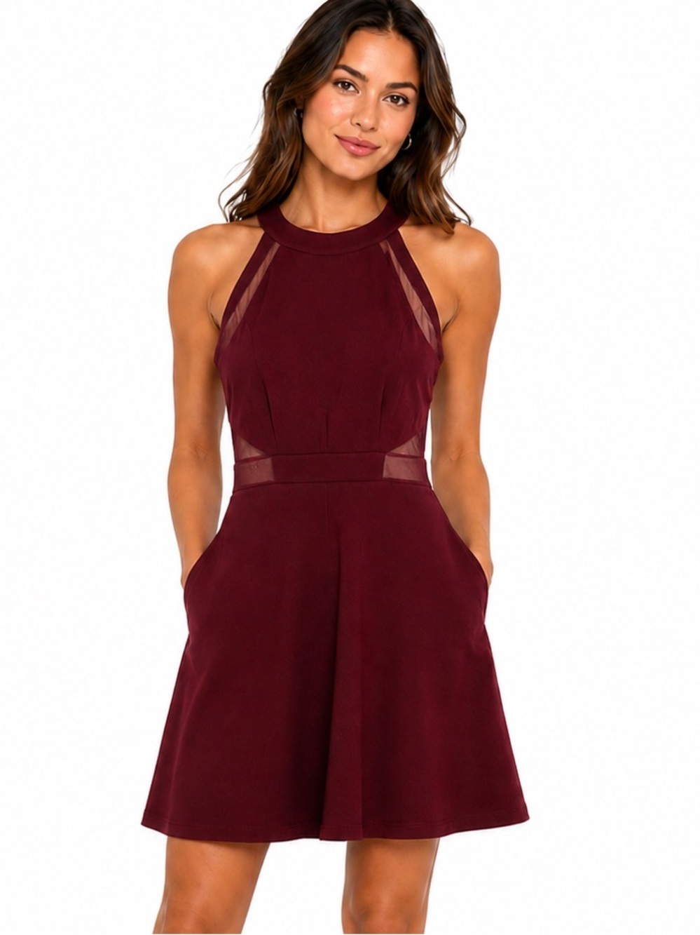 Honey and Rosie halter-style mini dress in burgundy